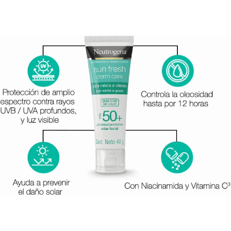 Sun Fresh Protector Solar Facial Sin Color Derm Care Niacinamida FPS 50+ (40 g)